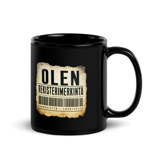 Olen rekisterimerkintä  - V1 - Kiiltävä musta muki - 3 dl