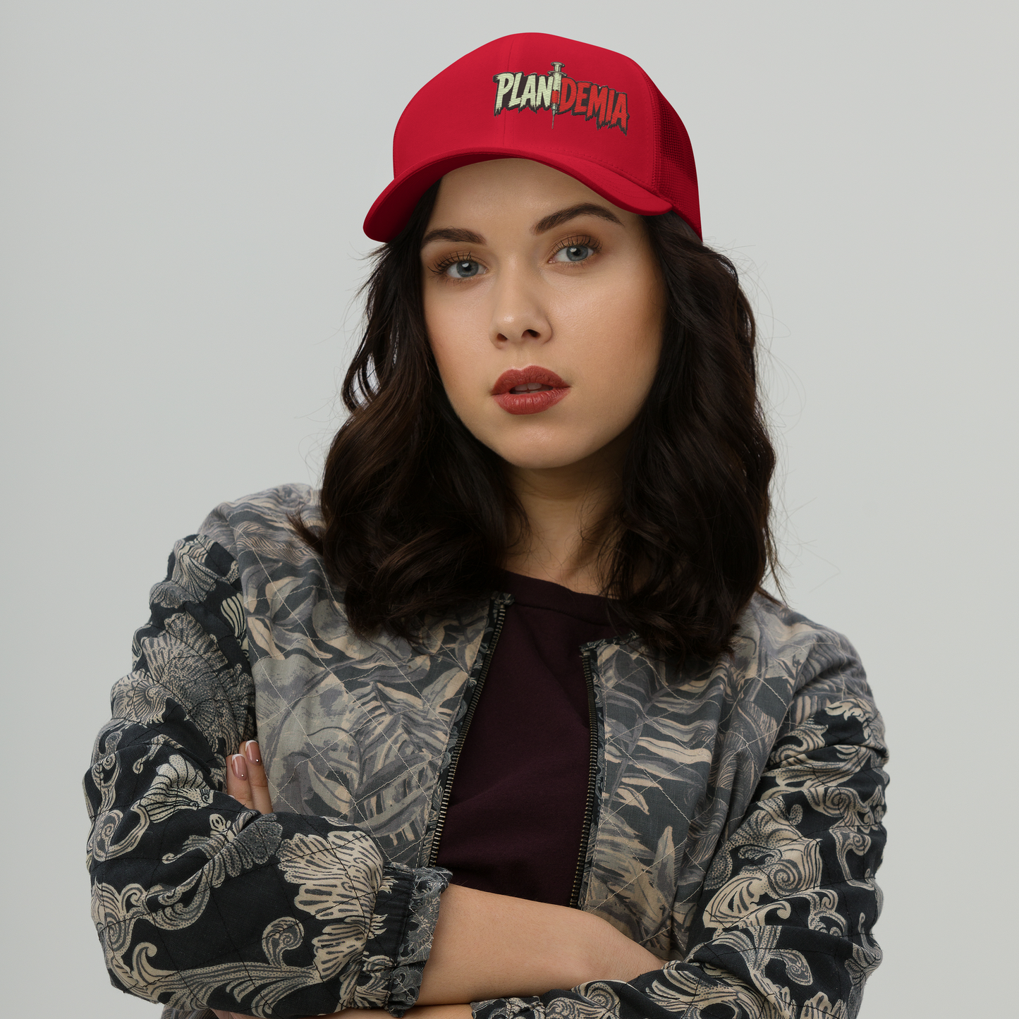 Plandemia I Snapback Retro Trucker lippis – Brodeerattu