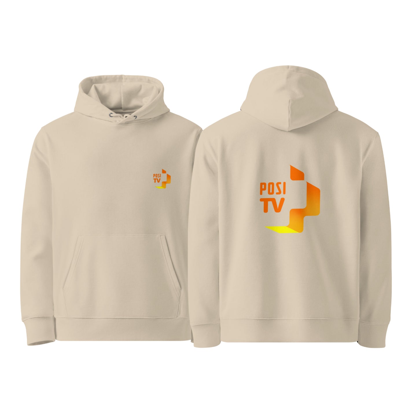 Luomupuuvilla huppari – Logo edessä vasemmalla + logo selässä (oranssi)