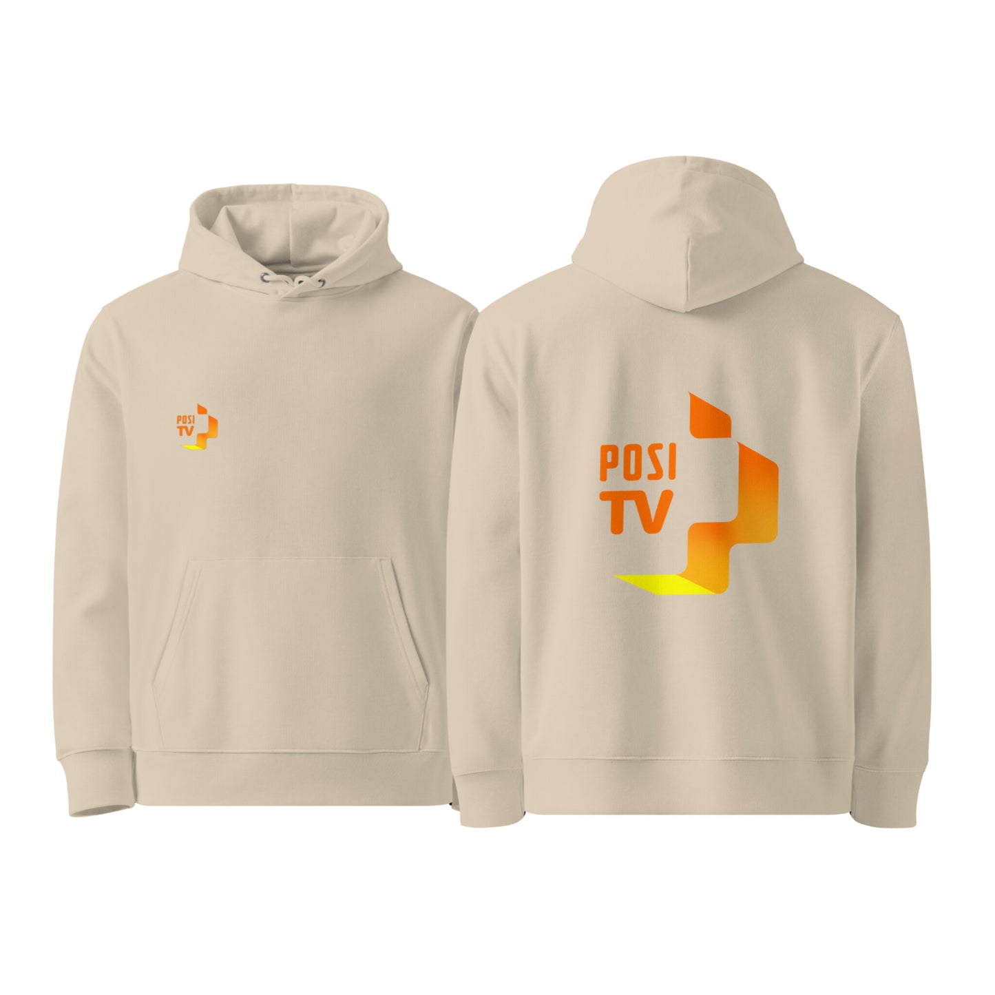 Luomupuuvilla huppari – Logo edessä oikealla + iso logo selässä (oranssi)