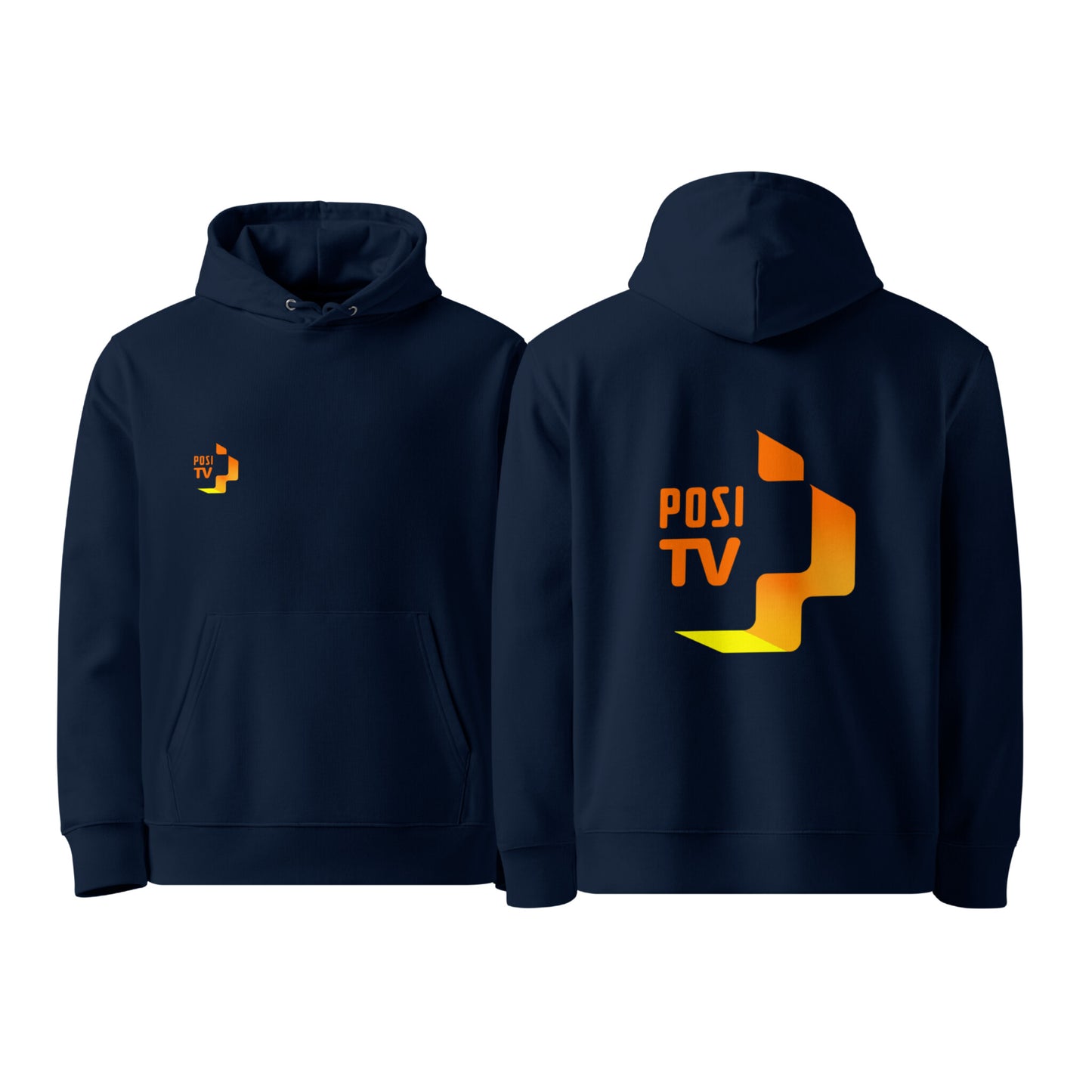 Luomupuuvilla huppari – Logo edessä oikealla + iso logo selässä (oranssi)