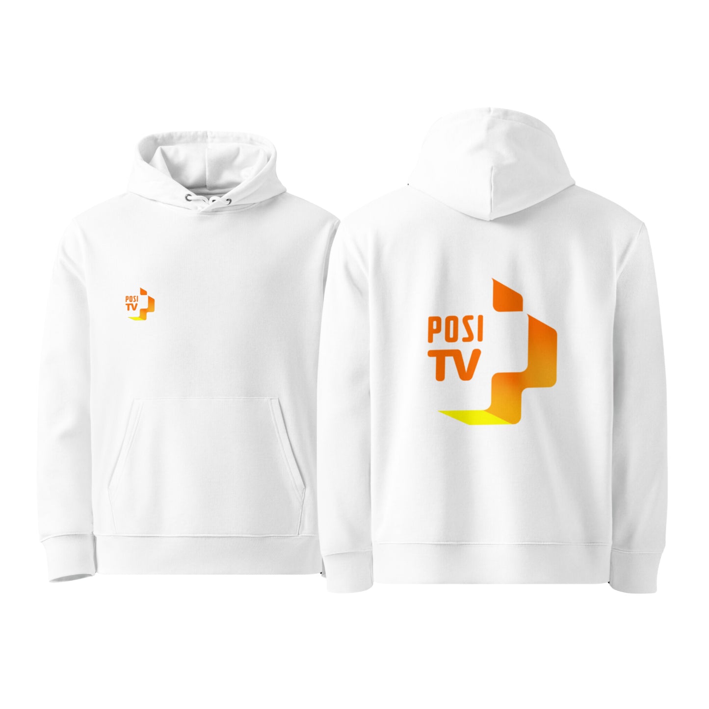 Luomupuuvilla huppari – Logo edessä oikealla + iso logo selässä (oranssi)